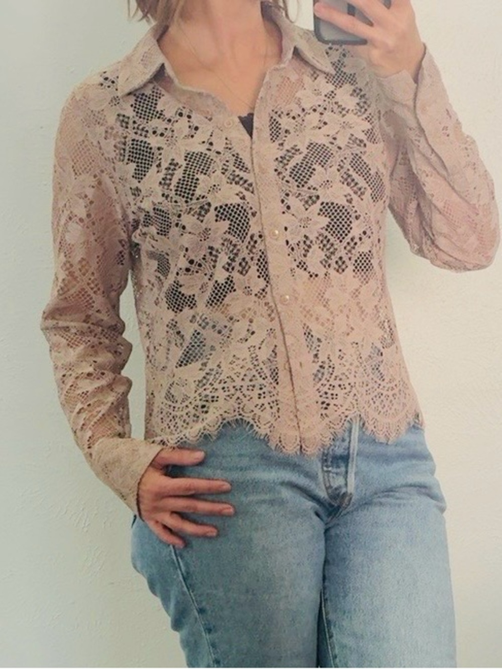 ON 34TH Floral Lace Button Front Blouse Taupe Small